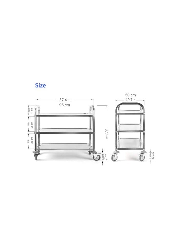 VINSTAR Stainless Steel Utility Cart, 3 Layers Large (95 x 50 x 95 cm) Commercial Heavy Duty Serving Trolley, Kitchen Service Trolley with 360°Rotation Wheels for for Hotel Restaurant Home - Image 4