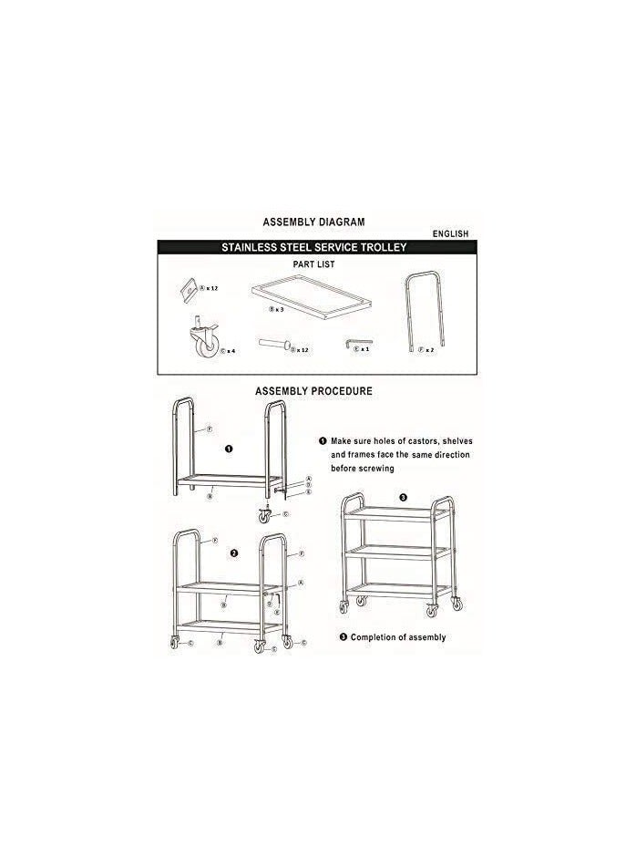 VINSTAR Stainless Steel Utility Cart, 3 Layers Large (95 x 50 x 95 cm) Commercial Heavy Duty Serving Trolley, Kitchen Service Trolley with 360°Rotation Wheels for for Hotel Restaurant Home - Image 5