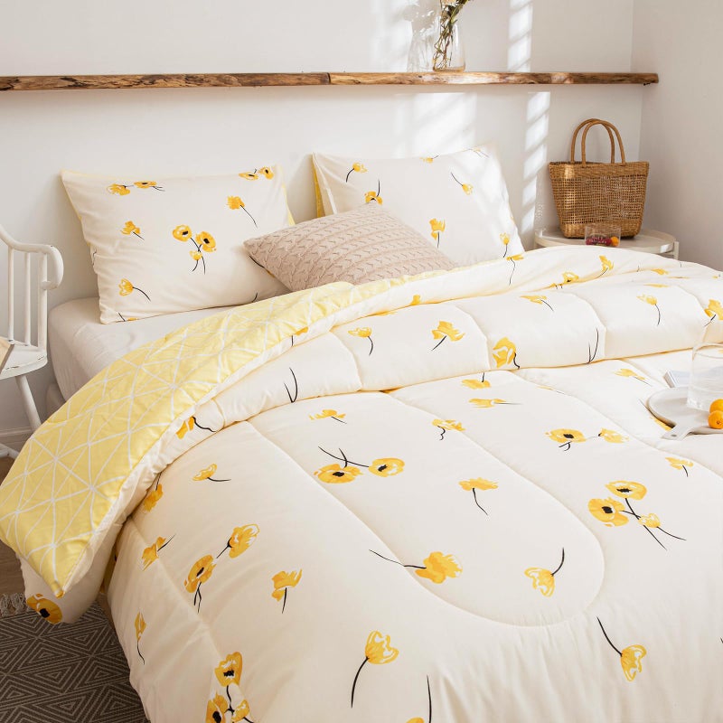 Bedorm Yellow Floral Comforter Women Girls Twin Bedding Set Lucky Clover Light Yellow Flowers Bedspread Fresh Botanical Garden Down Comforter Set Twin SizeTwin Yellow