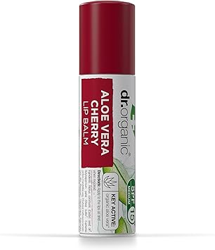 dr.organic Dr Organic Aloe Vera Cherry Lip Balm Moisturising SPF 15 Mens Womens Natural Vegetarian CrueltyFree Paraben SLSFree Recycled Recyclable Organic 57ml Packaging may vary - Image 1