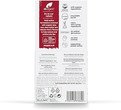 dr.organic Dr Organic Aloe Vera Cherry Lip Balm Moisturising SPF 15 Mens Womens Natural Vegetarian CrueltyFree Paraben SLSFree Recycled Recyclable Organic 57ml Packaging may vary - Image 3