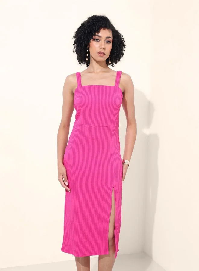 Women Regular Fit Textured Square Neck Sleeveless Bodycon Dress