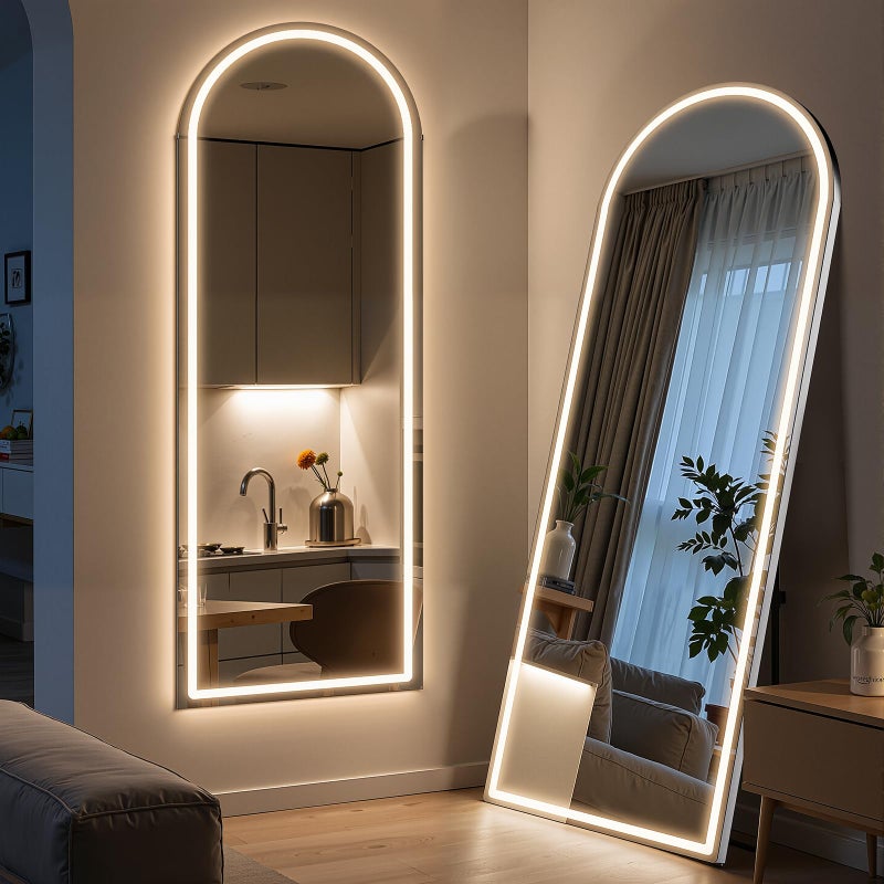 Simple Deluxe Arched Full Length Mirror with LED Lights, 60"x16" LED Floor Mirror with Stand, Body Floor Mirrors with Dimming & 3 Color Lighting, Wall Mounted LED Mirrors for Bedroom, Dressing Room, Cloakroom - Image 1