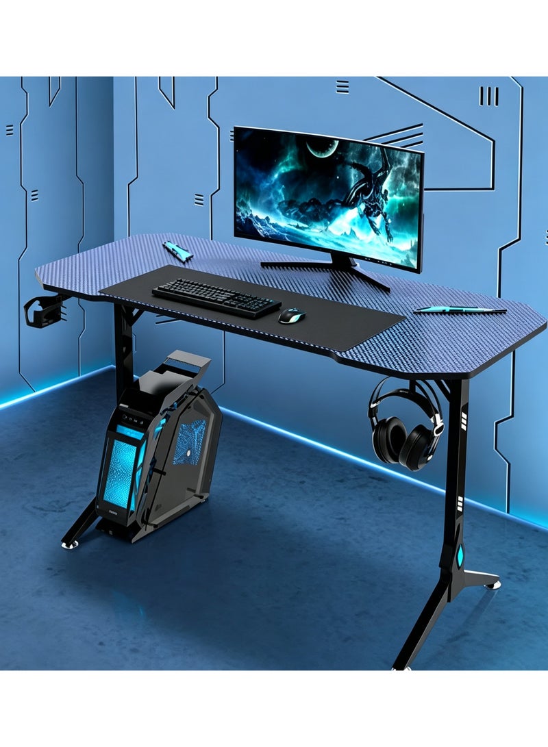 Arabest Carbon Fiber Surface Gaming Computer Desk, Ergonomic Gamer Workstation with Headset Hook & Cup Holder, Black Home Office Writing Desk for PC Gaming & Daily Work - Image 1