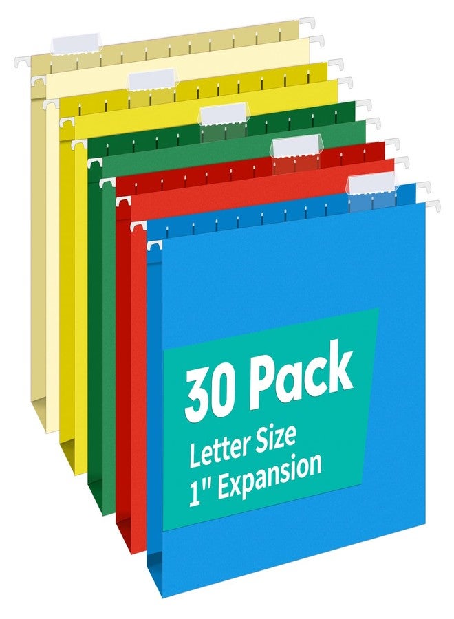 HERKKA Extra Capacity Hanging File Folders, 30 Pack Reinforced Letter Size Hanging Folders with Heavy Duty 1 Inch Expansion, Designed for Bulky Files, Medical Charts, Assorted Colors - Image 1