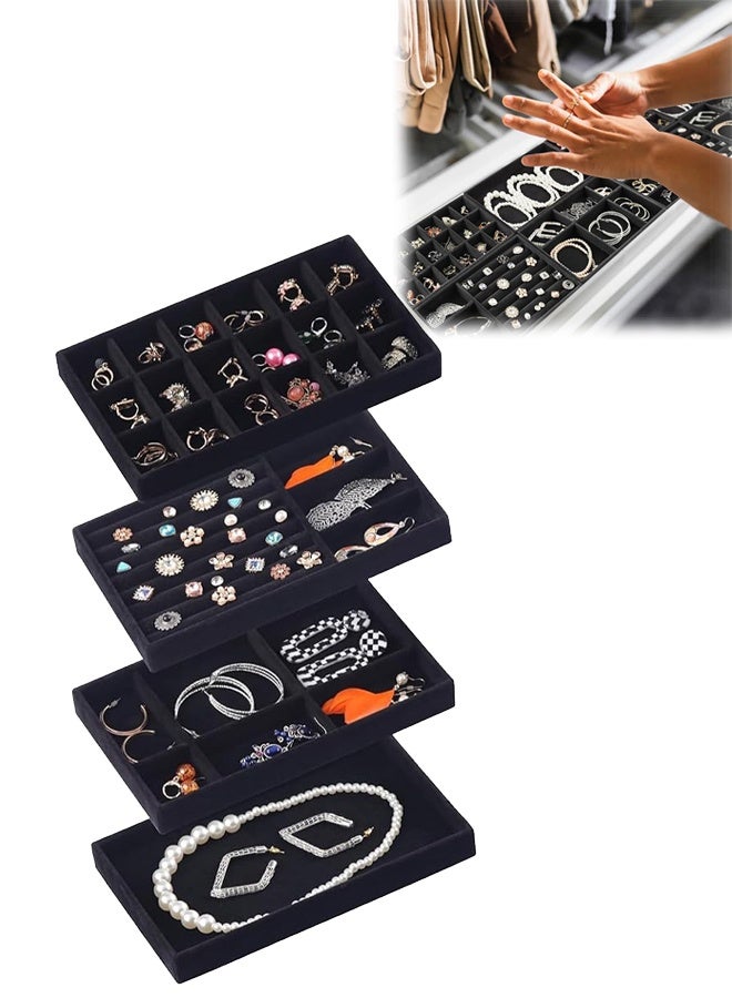 DUNISO 4 Pcs Stackable Jewelry Trays Organizer, Jewelry Organizer Drawer Insert, Display Case Storage Containers for Earring, Necklace, Watch, Bracelet, Accessary and Ring, Trays with Removable Dividers - Image 1
