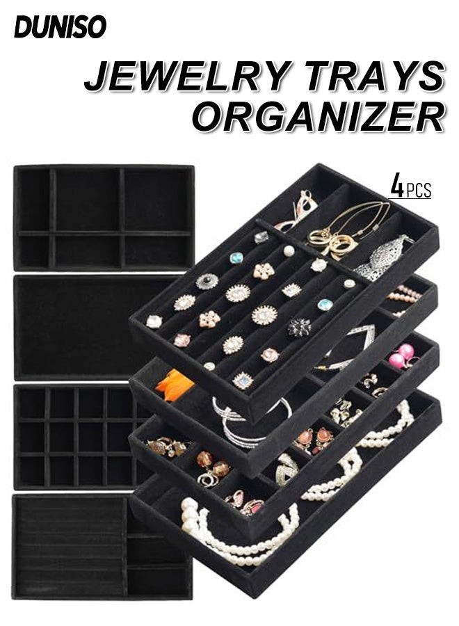 DUNISO 4 Pcs Stackable Jewelry Trays Organizer, Jewelry Organizer Drawer Insert, Display Case Storage Containers for Earring, Necklace, Watch, Bracelet, Accessary and Ring, Trays with Removable Dividers - Image 1