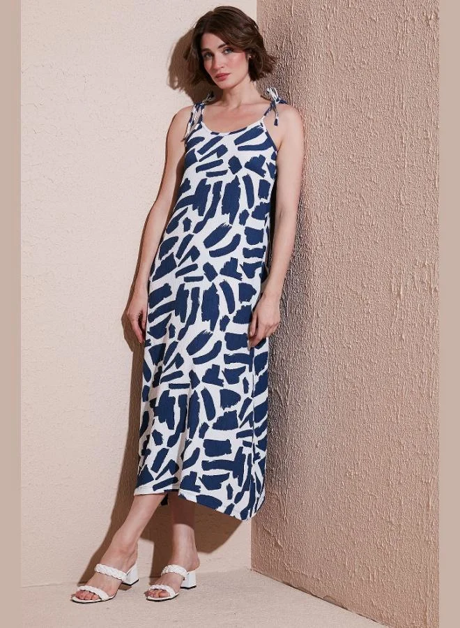 Lela Lela Patterned Midi Length Oversize Fit Tie-Strap Crew Neck Dress Women's Dress 5869009