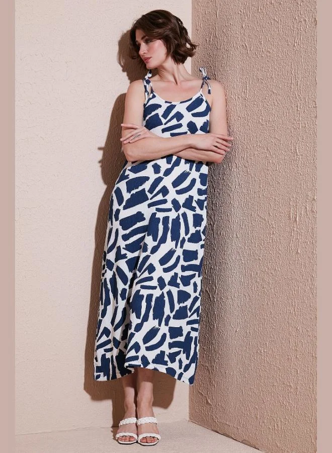 Lela Lela Patterned Midi Length Oversize Fit Tie-Strap Crew Neck Dress Women's Dress 5869009