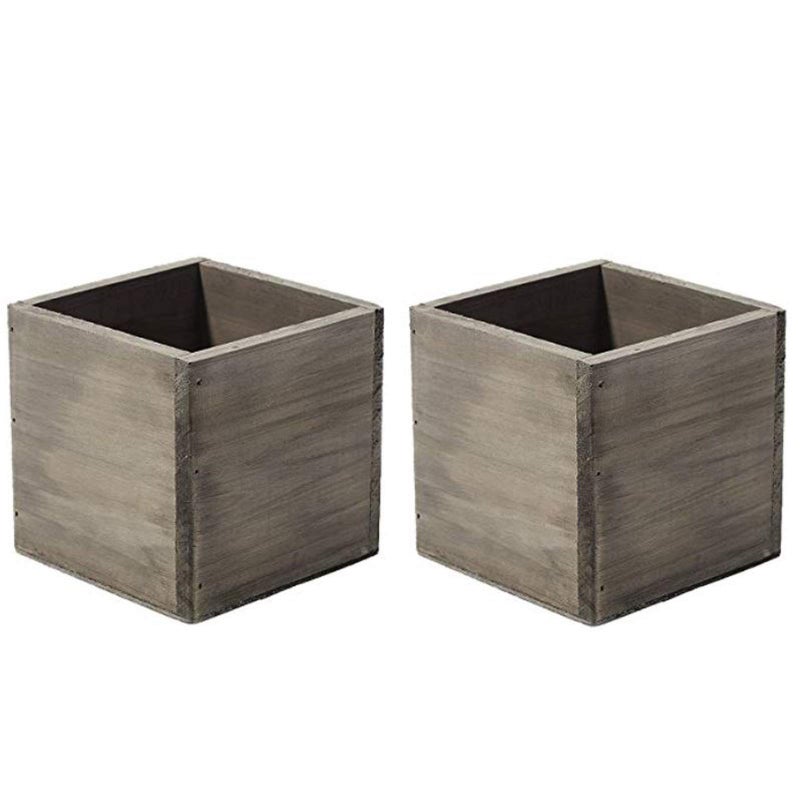 Accent Decor 4" Square Rustic Wood Planters with Plastic Liner - Set of 2 - Image 1
