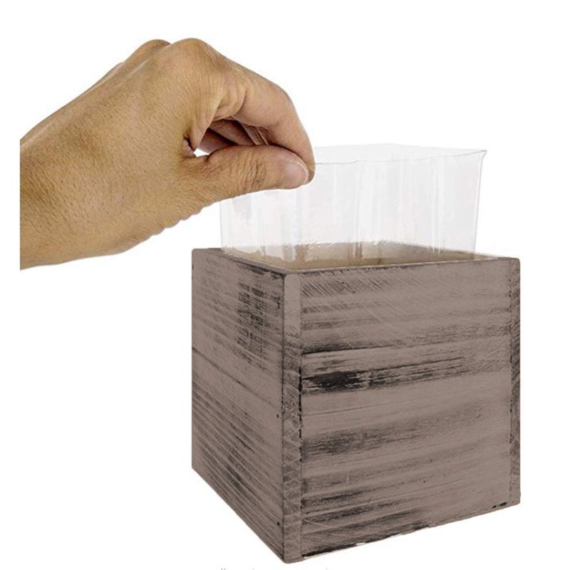 Accent Decor 4" Square Rustic Wood Planters with Plastic Liner - Set of 2 - Image 2