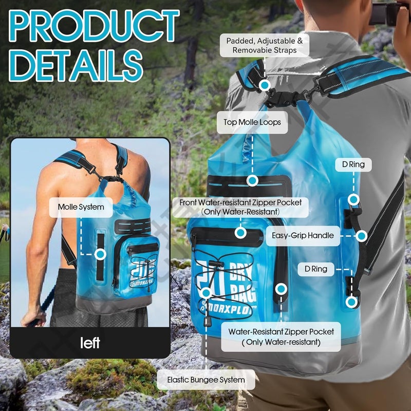 MORXPLOR Waterproof Dry Bag Backpack - [Front Zippered Pockets] 5L/10L/20L/30L Roll Top Waterproof Bag with Water Proof Phone Case for Swimming, Boating, Kayaking, Camping, Beach - Image 4