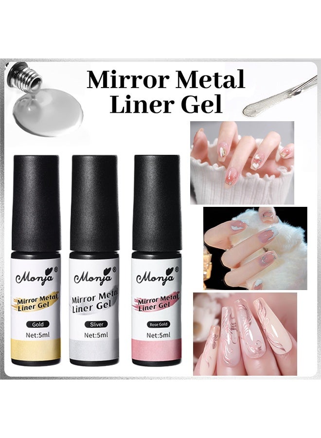 مونچا جيل بطانة معدني للمرآة، مجموعة طلاء أظافر جل معدني مكونة من 3 قطع، طلاء أظافر كروم، جيل أظافر لامع وردي فضي ذهبي، يأتي برأس فرشاة دقيقة، لطلاء أظافر الفرانش والفن (ذهبي وردي ذهبي فضي) - Image 2