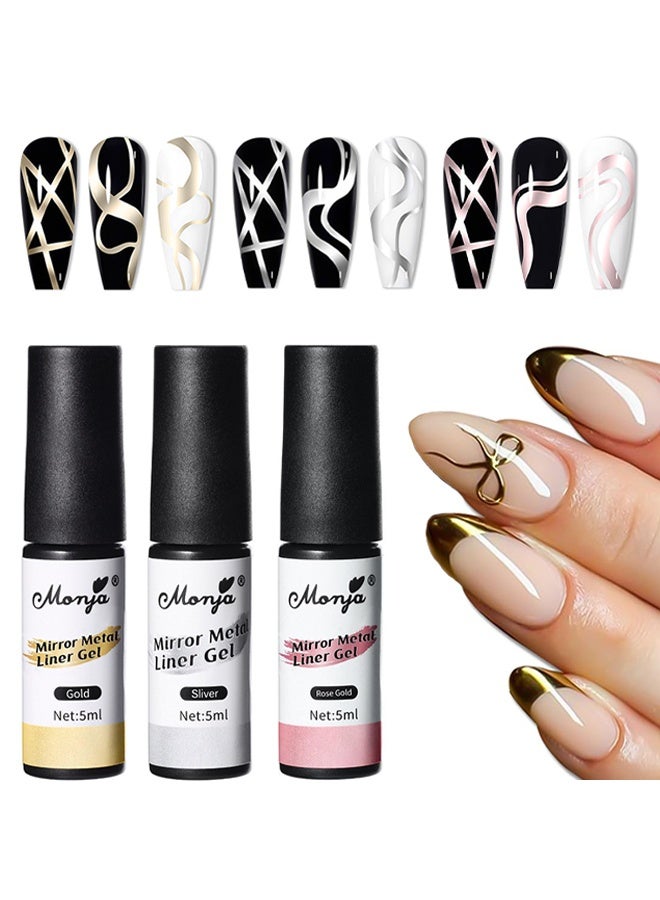 مونچا جيل بطانة معدني للمرآة، مجموعة طلاء أظافر جل معدني مكونة من 3 قطع، طلاء أظافر كروم، جيل أظافر لامع وردي فضي ذهبي، يأتي برأس فرشاة دقيقة، لطلاء أظافر الفرانش والفن (ذهبي وردي ذهبي فضي) - Image 1