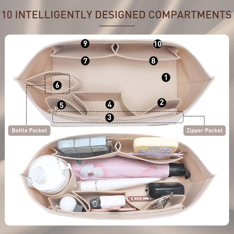 Doxo Purse Organizer Insert, Felt Bag Tote Fit L Speedy 30 Neverfull PM & Base Shaper 2pc Set (Medium-Beige-Combination) - Image 4