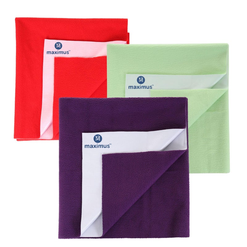 THE MAXIMUS Maximus Waterproof Quick Dry Sheet for Baby Pack of 3 | Bed Pad Extra Absorbent Washable Matress Protector | Bed Protector Sheet for Toddler Children (70x50cm) (RED, Purple & Green, Large) - Image 1