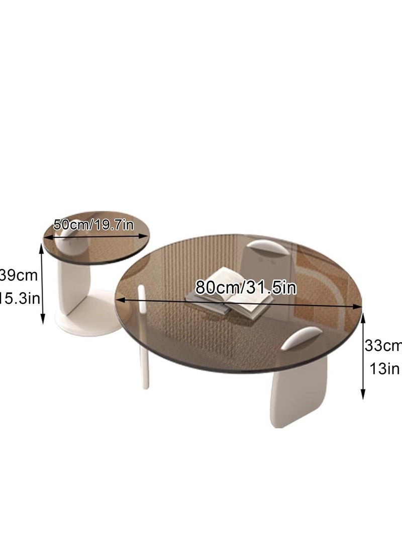 WALALLA Round Glass Coffee Table Set of 2, Modern Circle Center Table with Wood Frame, Accent Nesting Coffee Tables for Living Room Small Spaces, 50+80CM, Tan - Image 2