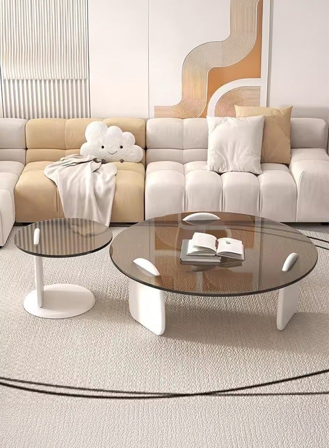 WALALLA Round Glass Coffee Table Set of 2, Modern Circle Center Table with Wood Frame, Accent Nesting Coffee Tables for Living Room Small Spaces, 50+80CM, Tan - Image 1
