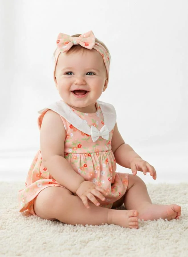 Luna & Lily Baby Girls Floral Romper with Eyelet Collar and Headband