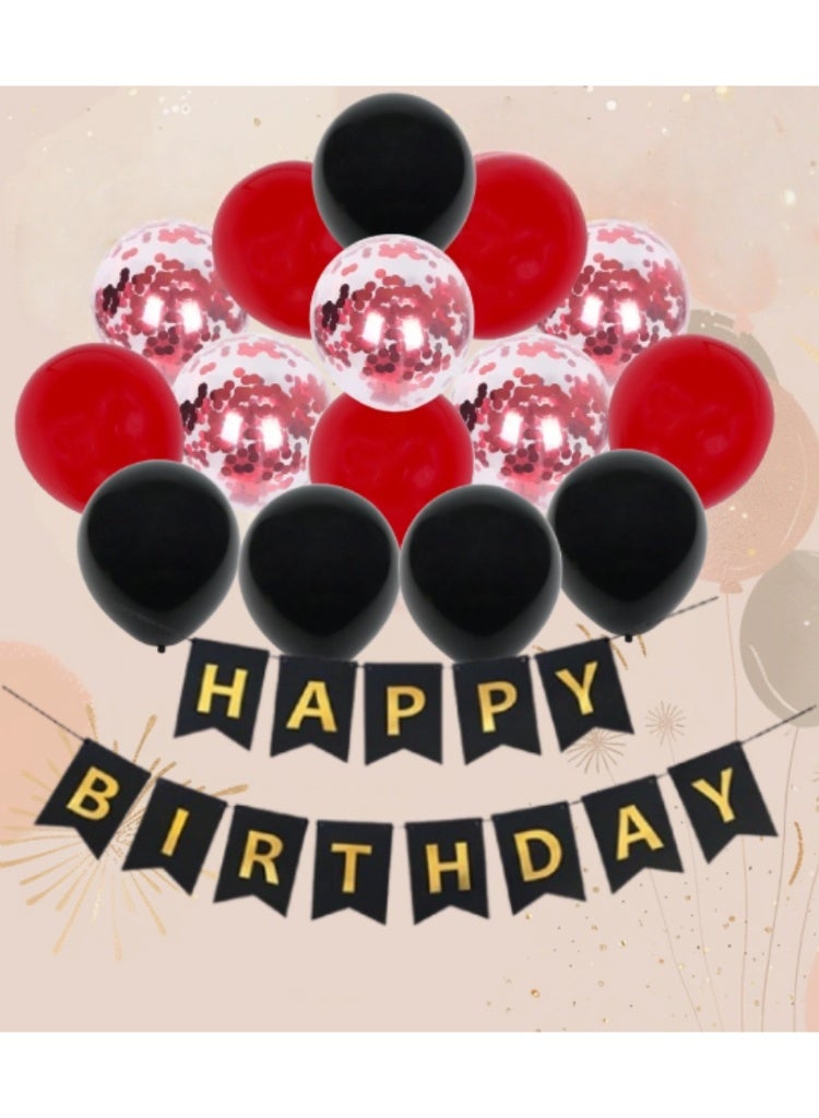 Black Happy Birthday Banner with Red, Black and Red Confetti Latex Balloons - Birthday Party Decorations Set (16 pcs) - Image 1