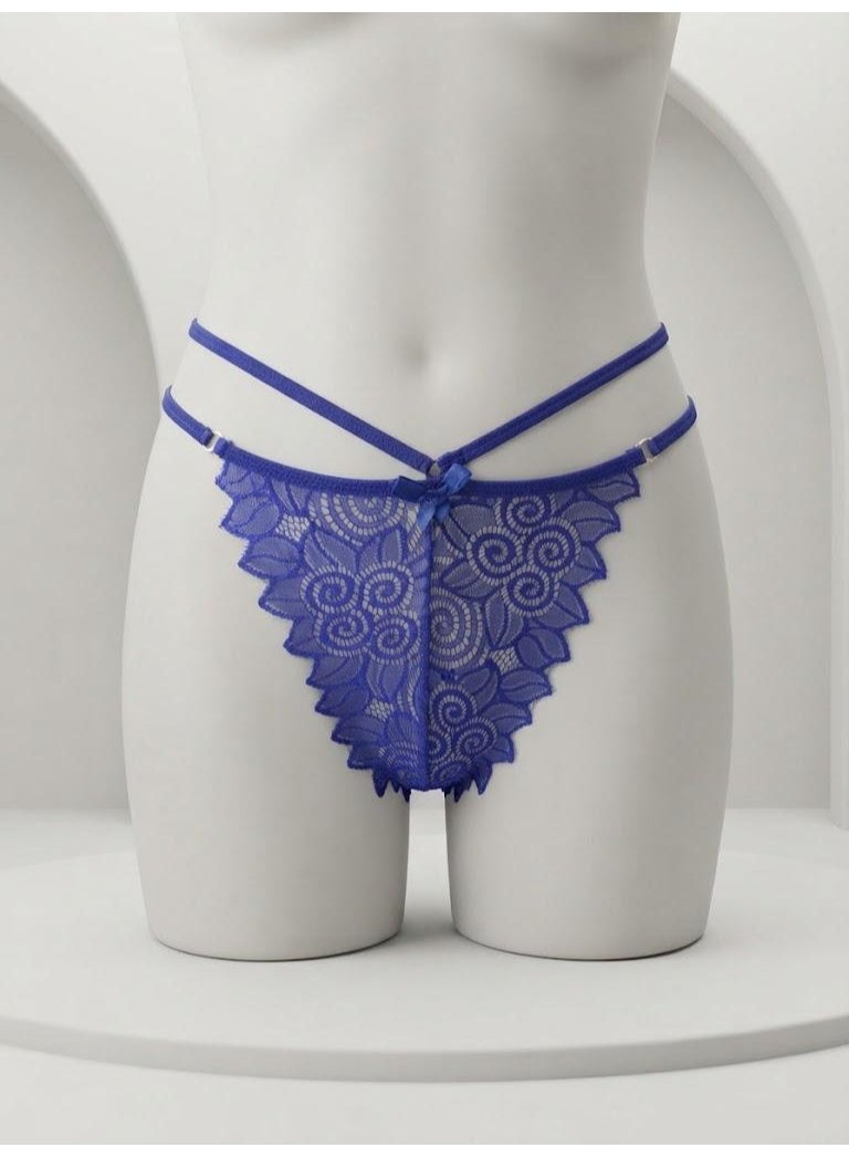 Royal Blue Cross-Strap Floral Lace Thong