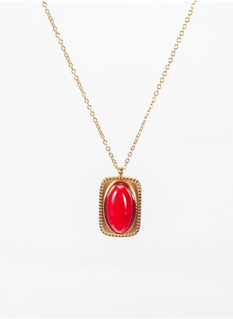 Stainless Steel Golden Necklace with Red Stone Pendant