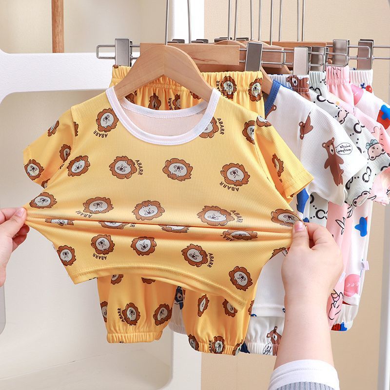 Children'S Home Clothes Style Boys And Girls Short-Sleeved Pants Pajamas Set Ice Silk Thin Baby Air-Conditioned Clothes - Image 2