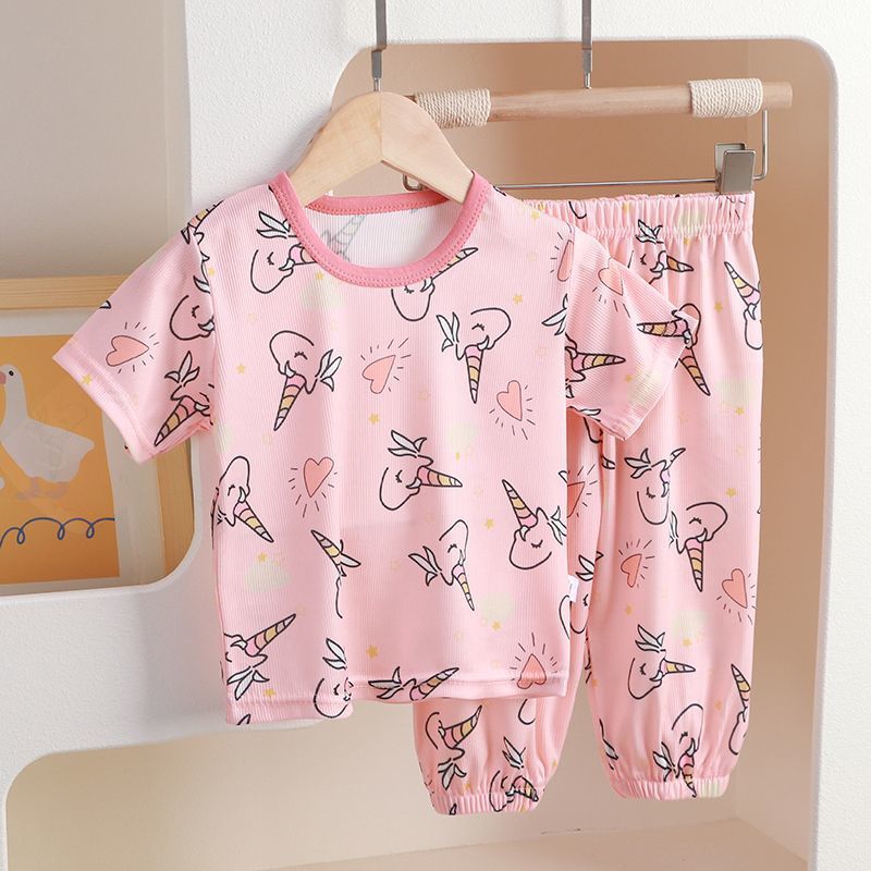 Children'S Home Clothes Style Boys And Girls Short-Sleeved Pants Pajamas Set Ice Silk Thin Baby Air-Conditioned Clothes - Image 1
