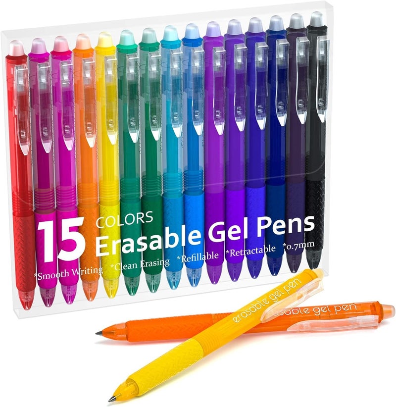 Lineon Erasable Gel Pens, 15 Colors Retractable Fine Point Erasable Pens Clicker, Assorted Color Inks, Make Mistakes Disappear for Drawing Writing Planner and Crossword Puzzles - Image 1