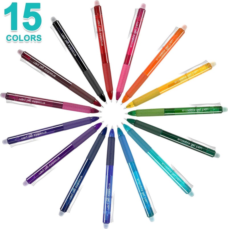 Lineon Erasable Gel Pens, 15 Colors Retractable Fine Point Erasable Pens Clicker, Assorted Color Inks, Make Mistakes Disappear for Drawing Writing Planner and Crossword Puzzles - Image 3