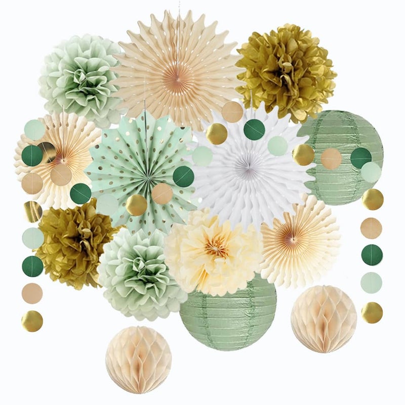 Sage Green Party Decorations Sage Green and Gold Party Decorations Paper Pom Poms Paper Fans Lanterns for Birthday Baby Shower Wedding Bridal Shower Party Decor