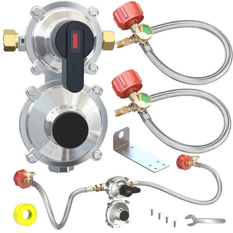 MEFUN New RV Propane 2-Stage Auto Changeover LP Propane Gas Regulator-2 Tank with Two 18" RV Pigtail Propane Stainless Braided Hoses with Gauge Dual Propane Tank Regulator for RVs, Vans,Trailers,Campe - Image 1