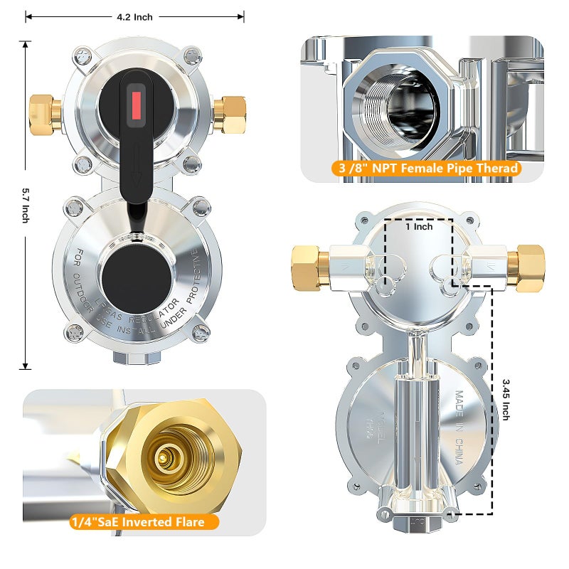 MEFUN New RV Propane 2-Stage Auto Changeover LP Propane Gas Regulator-2 Tank with Two 18" RV Pigtail Propane Stainless Braided Hoses with Gauge Dual Propane Tank Regulator for RVs, Vans,Trailers,Campe - Image 2