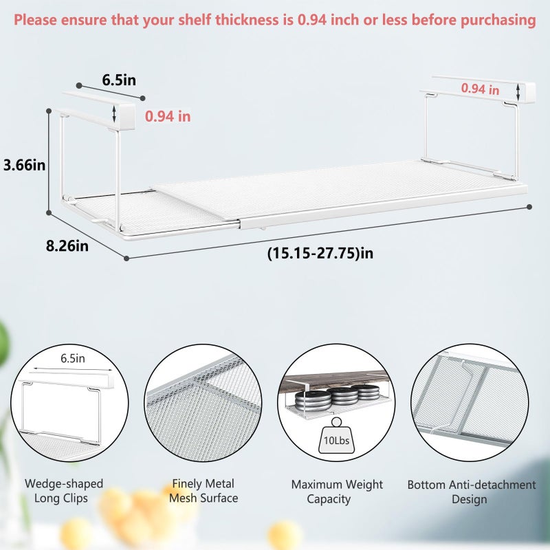 SHINEWON Expandable Under Cabinet Shelf, Extendable Under Shelf Storage with 0.94 Inches Thick Clips for Pantry Cabinet, Laundry Room, Shoe Rack.(White, 1 Pack, Interior: 3.66" H x 8.26" D) - Image 2