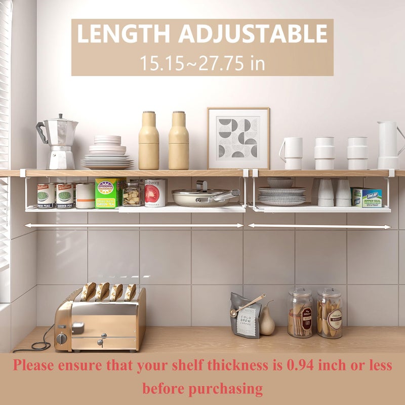 SHINEWON Expandable Under Cabinet Shelf, Extendable Under Shelf Storage with 0.94 Inches Thick Clips for Pantry Cabinet, Laundry Room, Shoe Rack.(White, 1 Pack, Interior: 3.66" H x 8.26" D) - Image 3