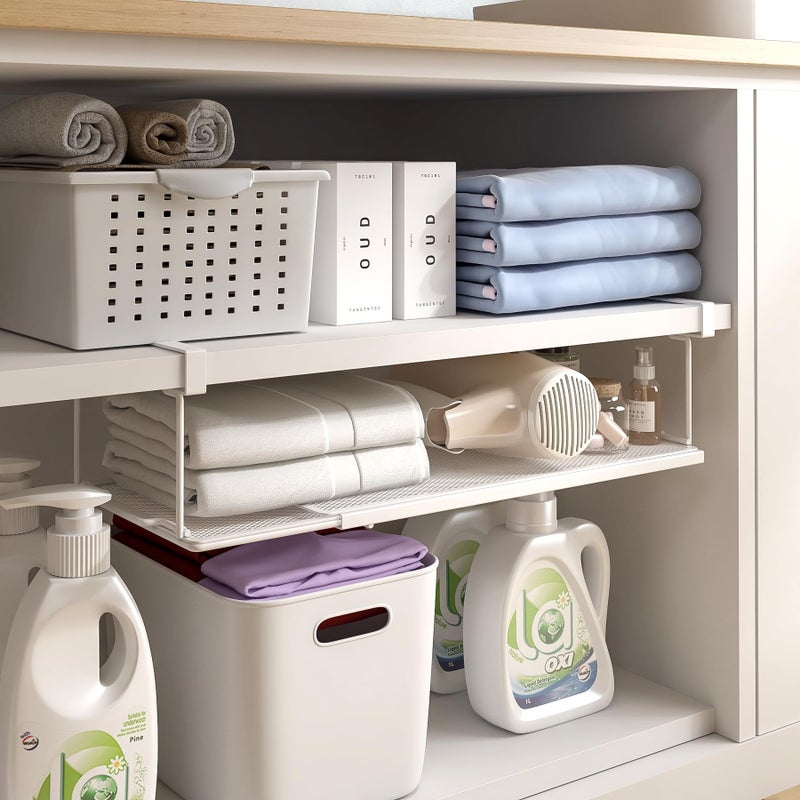 SHINEWON Expandable Under Cabinet Shelf, Extendable Under Shelf Storage with 0.94 Inches Thick Clips for Pantry Cabinet, Laundry Room, Shoe Rack.(White, 1 Pack, Interior: 3.66" H x 8.26" D) - Image 4