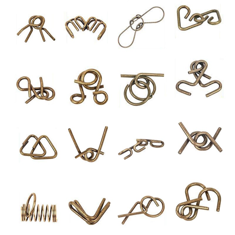 Ahyuan Metal Wire Puzzles Set of 16 with Pouch Large Thick IQ Test Mind Games Toys Brain Teaser Puzzles Metal Wire Magic Trick Toy Metals IQ Puzzle Fidget Toys Party Favors for Kids Adults (Bronze) - Image 1