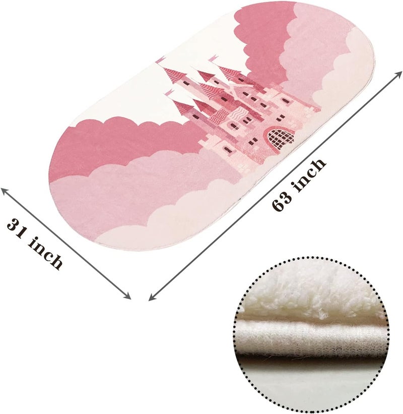 USTIDE سجادة أطفال USTIDE، سجادة بيضاوية وردية للبنات، سجادة فخمة وقابلة للغسل، سجادة أرضية كرتونية لقصر، سجادة بجانب السرير لطيفة لغرفة الأطفال، غرفة اللعب، ديكور غرفة النوم (سجادة بيضاوية، 32x63) - Image 2