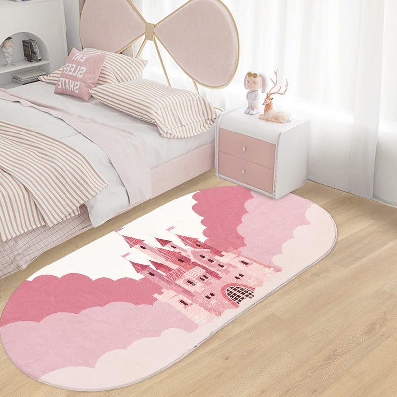 USTIDE سجادة أطفال USTIDE، سجادة بيضاوية وردية للبنات، سجادة فخمة وقابلة للغسل، سجادة أرضية كرتونية لقصر، سجادة بجانب السرير لطيفة لغرفة الأطفال، غرفة اللعب، ديكور غرفة النوم (سجادة بيضاوية، 32x63) - Image 3