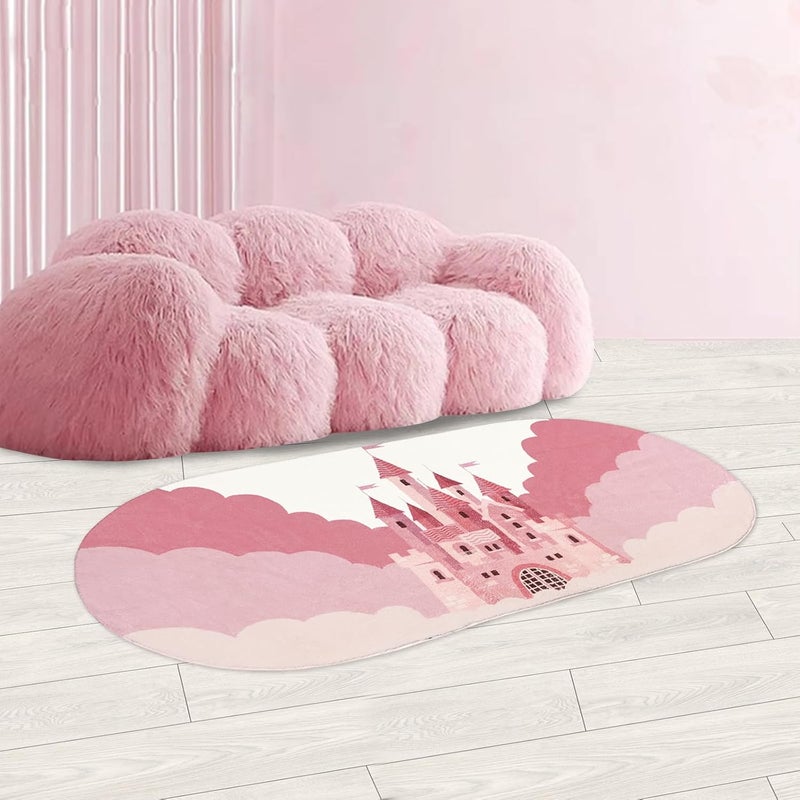 USTIDE سجادة أطفال USTIDE، سجادة بيضاوية وردية للبنات، سجادة فخمة وقابلة للغسل، سجادة أرضية كرتونية لقصر، سجادة بجانب السرير لطيفة لغرفة الأطفال، غرفة اللعب، ديكور غرفة النوم (سجادة بيضاوية، 32x63) - Image 1