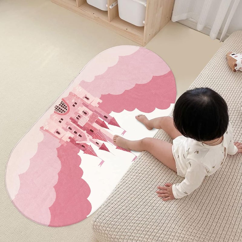 USTIDE سجادة أطفال USTIDE، سجادة بيضاوية وردية للبنات، سجادة فخمة وقابلة للغسل، سجادة أرضية كرتونية لقصر، سجادة بجانب السرير لطيفة لغرفة الأطفال، غرفة اللعب، ديكور غرفة النوم (سجادة بيضاوية، 32x63) - Image 4