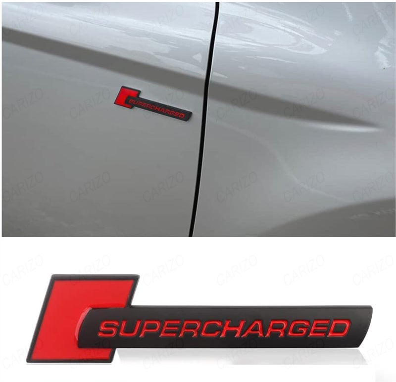 CARIZO Premium Zinc Alloy Badge, 3D Premium Car Side Fender Rear Trunk (Design: Super_Charged) Emblem Logo Badge Decals (Black & Red) - Image 2