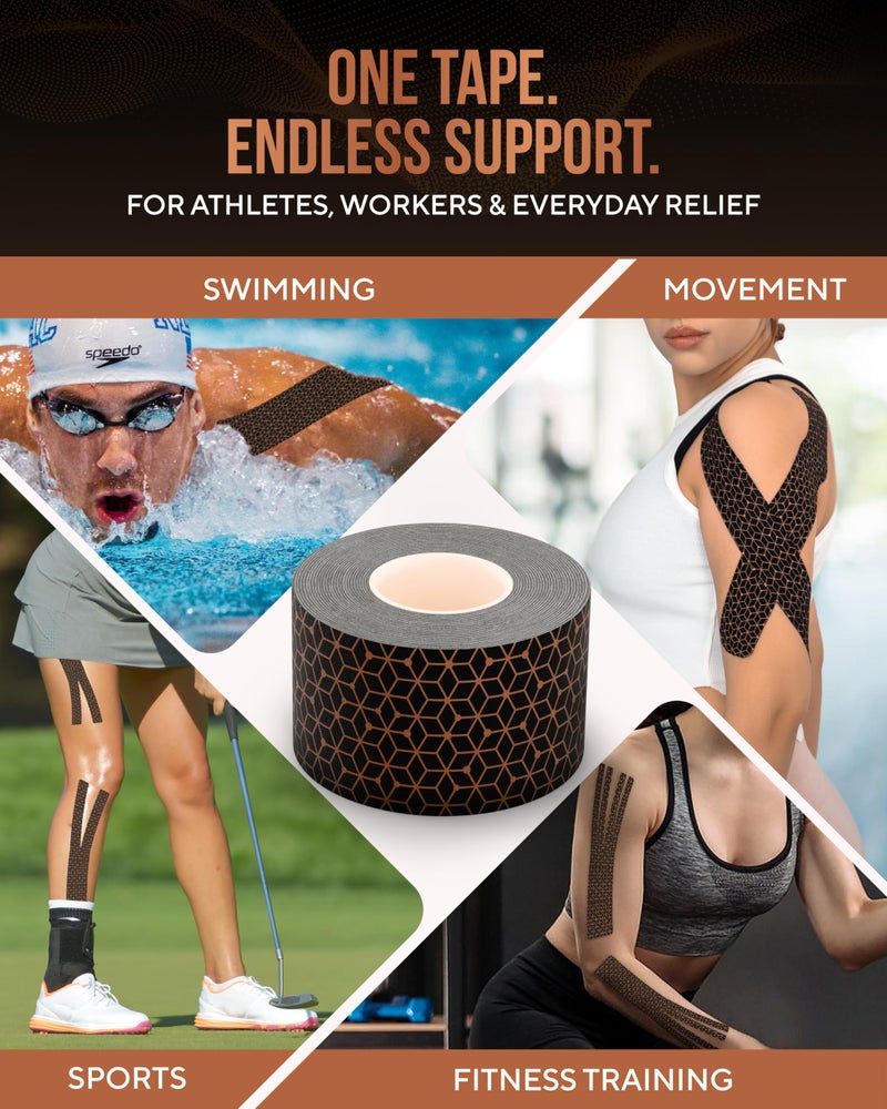 TheraCopper Copper Infused Kinesiology Tape – 2 Rolls (40 Precut Strips) – Advanced Waterproof Kinesiology Tape for Shoulder, Elbow, Bowling Wrist, Weightlifting, Muscle Strain & Joint Support (Black) - Image 2