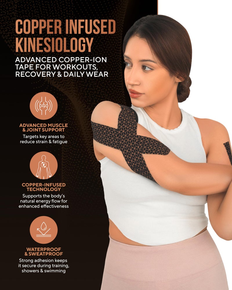 TheraCopper Copper Infused Kinesiology Tape – 2 Rolls (40 Precut Strips) – Advanced Waterproof Kinesiology Tape for Shoulder, Elbow, Bowling Wrist, Weightlifting, Muscle Strain & Joint Support (Black) - Image 3