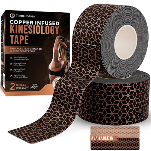 TheraCopper Copper Infused Kinesiology Tape – 2 Rolls (40 Precut Strips) – Advanced Waterproof Kinesiology Tape for Shoulder, Elbow, Bowling Wrist, Weightlifting, Muscle Strain & Joint Support (Black) - Image 1