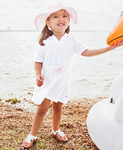 RuffleButts® Baby/Toddler Girls White w/Pink Seersucker Terry Hoodie Swimsuit Cover-Up - 18-24m - Image 2