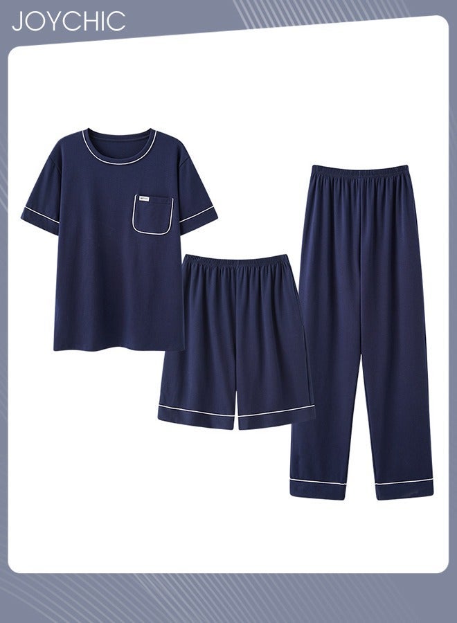 NIBEMINENT 3 Piece Solid Color Men's Pajamas Short-sleeved +Shorts+ Trouser Set Casual Modal Breathable Wear-resistant Sleepwear Youth Homewear Suit for Spring Summer Autumn Dark Blue - Image 1