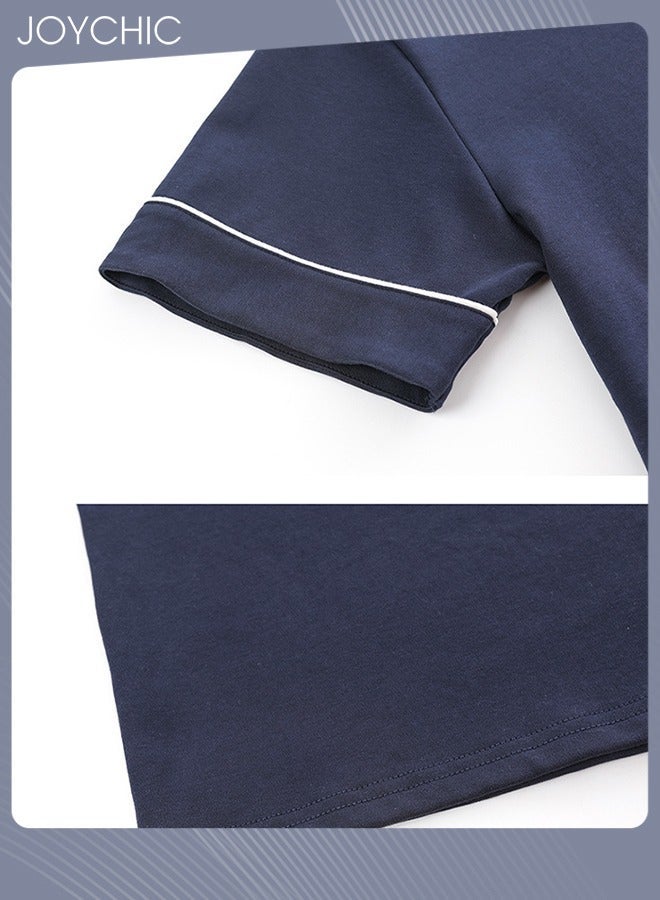 NIBEMINENT 3 Piece Solid Color Men's Pajamas Short-sleeved +Shorts+ Trouser Set Casual Modal Breathable Wear-resistant Sleepwear Youth Homewear Suit for Spring Summer Autumn Dark Blue - Image 4