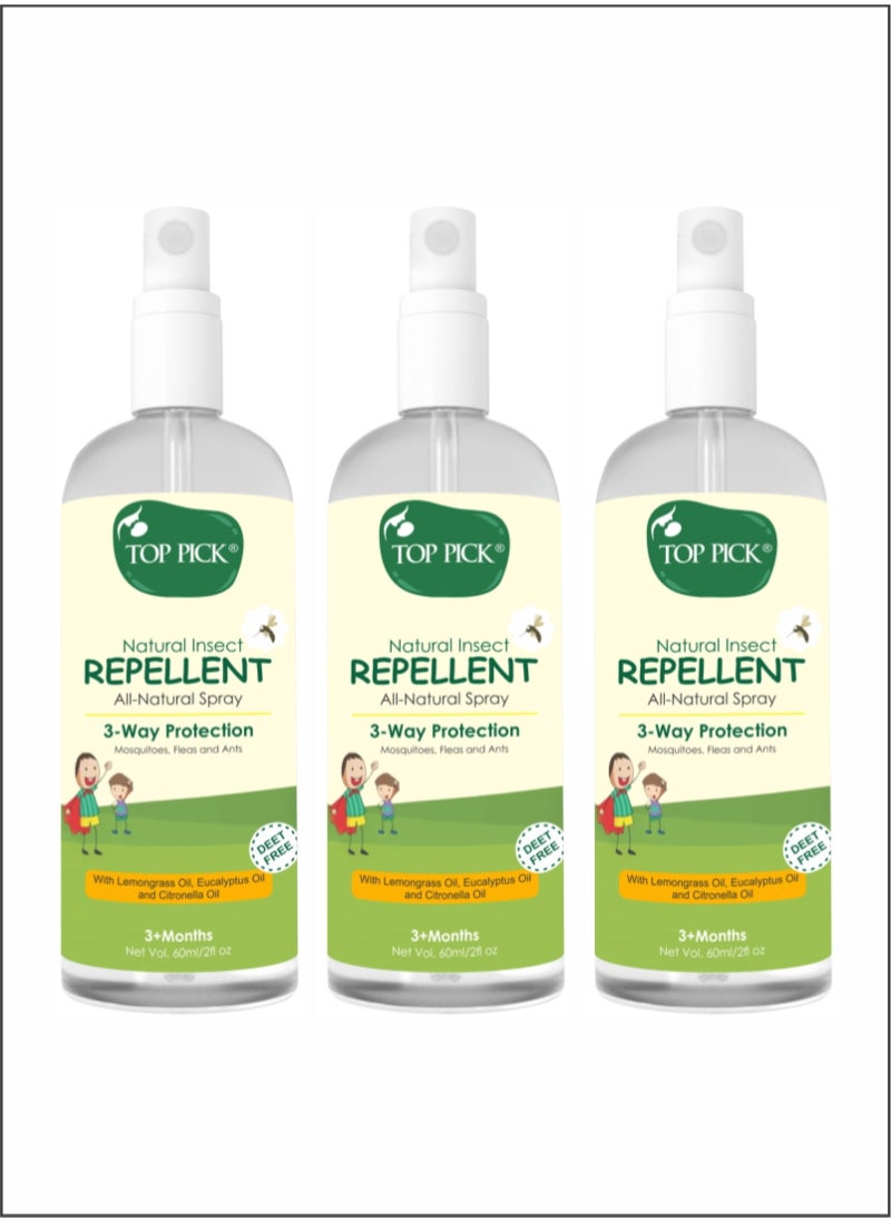 Top Pick Pack of 3 - Triple Protection Insect Repellent - Lemongrass, Eucalyptus - Citronella For 3+ months 