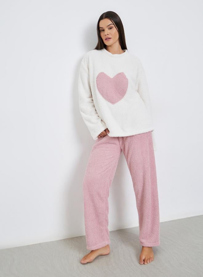 Styli Contrast Heart Detail Fleece Top and Pyjama Set - Image 1
